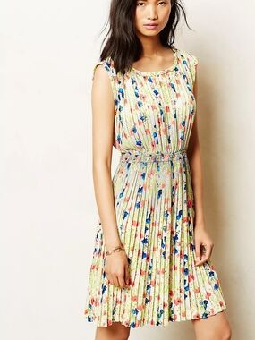 Anthropologie Yoana Baraschi Cream Floral Pleated Mini Dress